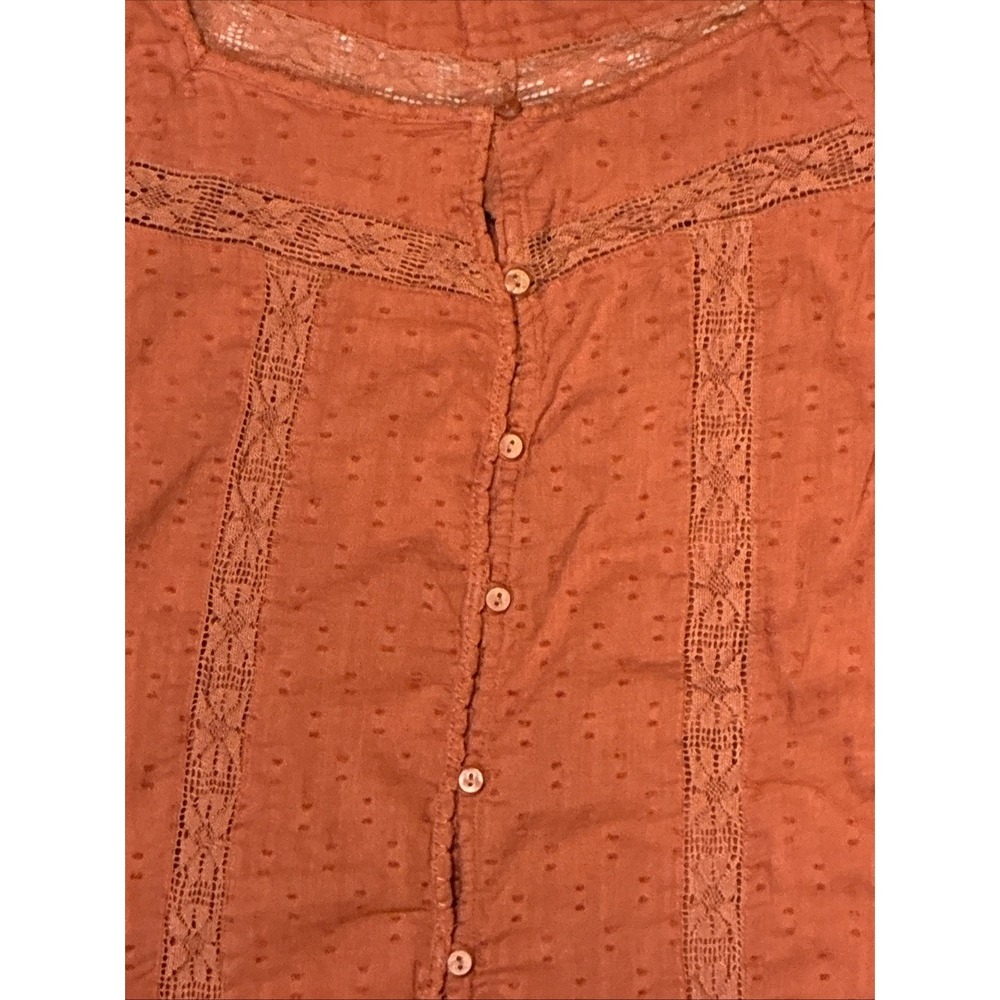 Women's Top Large Orange Peasant Blouse Ruffled Sleeves Crochet-lace Button-down - Picture 6 of 7